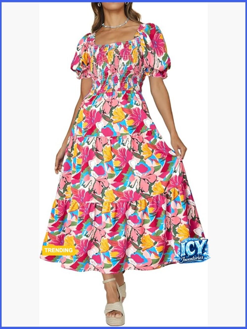 Polyester Boho Floral Maxi Dress with Puff Sleeves and Square Neck